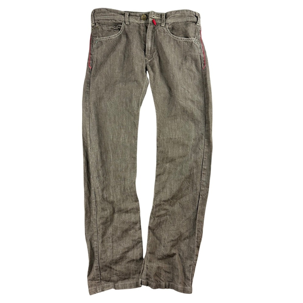 Vintage GURU Jeans 30 Brown Slim Straight Linen Cotton Blend Red Stitching Italy